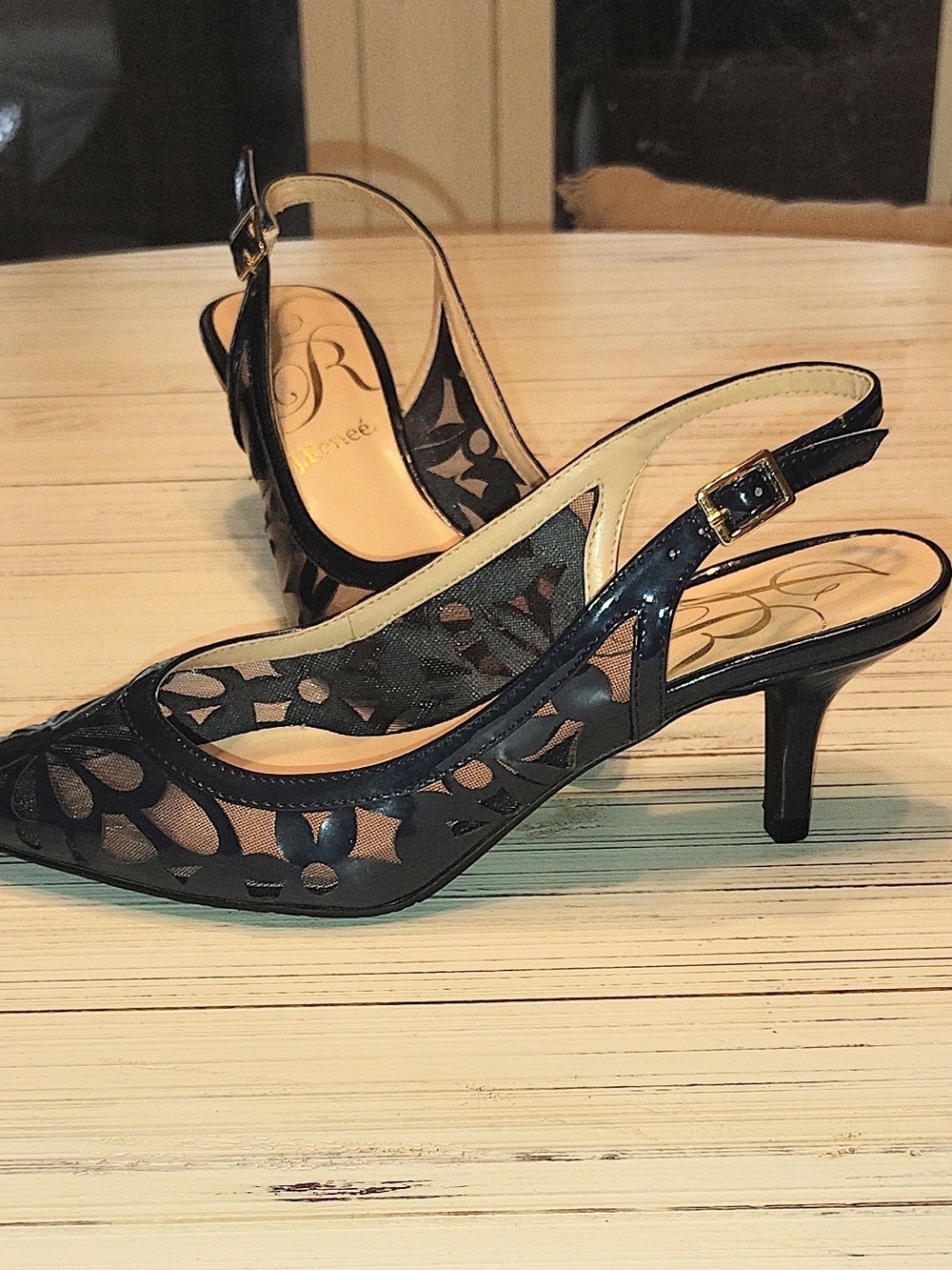 J. Renee Slingback Navy Blue Floral Pattern Heels. Size 7.5